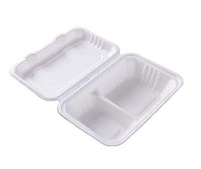 China Eco Disposable Compostable Hinged Clamshell Take Away Disposable Food Containers Bagasse Lunch Box 2 Compartments 1000ml for sale