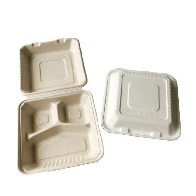 China High Quality Disposable Bagasse Pulp 3 Compartment Disposable 9 Inch Square Clamshell Block for sale