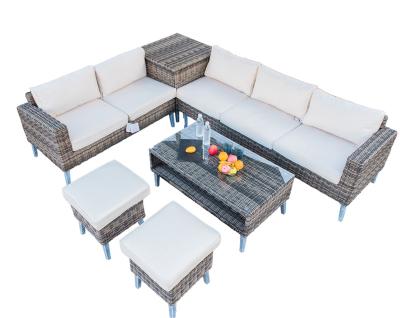 China Luxury Corner Rattan Garden Sofa Set with Outdoor Corner Storage Corner Sofa with 2 Stools Hand-Painting Legs for sale