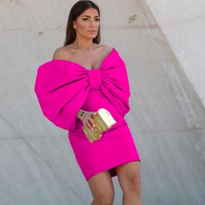 China 2022 New Viable Elegant Women Bodycon Rose Red Shoulder Bowtie Ruffles Summer Fashion Club Midi Dress for sale