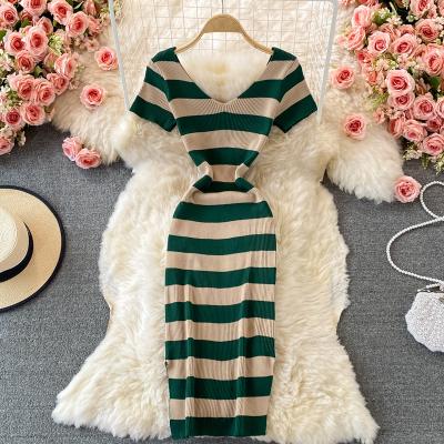 China New Arrival Summer Anti-Static Autumn Striped Bodycon Women's Sexy V-Neck Knitted Dress Dress for sale