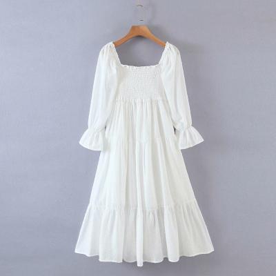 China New Elegant Women Flowy Dress Anti-Static White Sexy Square Bow Tie Neck Dress Holiday St Line One Long Dress Summer Square Collar Midi Dress Dresses for sale