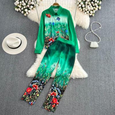 China QUICK DRY 2 Pieces Set Green Print Two Piece Suit Women's Casual Temperament Shirt Two Piece Set Loose Waist Two Piece Casual Pants for sale