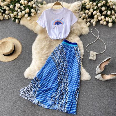 China Viable Female Short Sleeve T-shirt Design Suit New Female Short Sleeve Soft Pressure Pleated Skirt Two Sets for sale