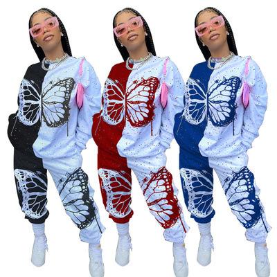 China New Arrival Sustainable Fall Apparel Bow Printing Long Sleeve Two Piece Sets Woman Fall Sets Women for sale