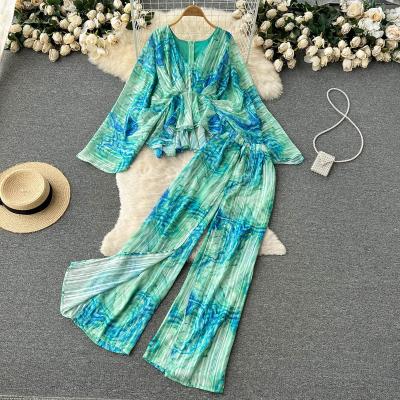 China V-Neck Suit Long Sleeve Female Irregular Top Wide Leg Pants QUICK DRY Tie Dye Two Piece Set for sale