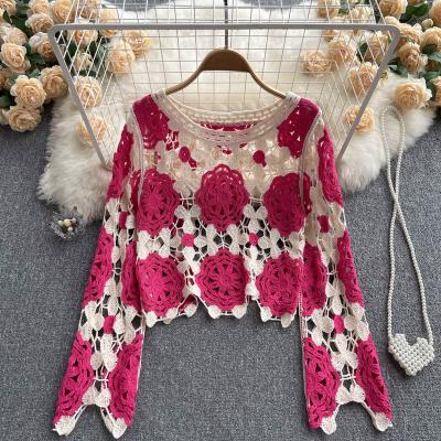 China Breathable Loose Hollow Long Sleeve Knitted Women's Shirt Round Neck T-Shirt Top for sale