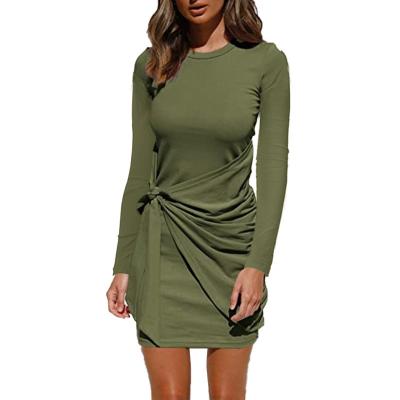 China New anti-static autumn winter tied ladies mid length long sleeve plus size dress for sale