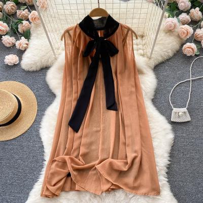 China Vintage Chiffon Anti-Static Loose Sleeveless Halter Dress Two Piece Set for sale