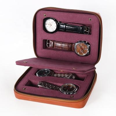 China CHANGRONG Portable Custom Suede Lining Leather Zippered Watches Box Travel Case for sale