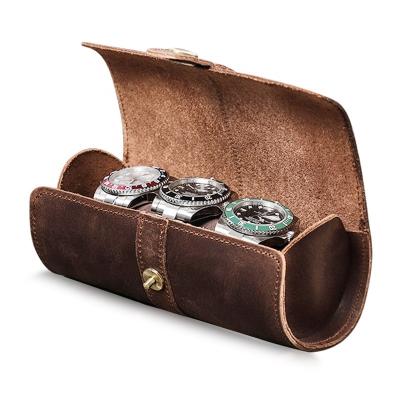 China CHANGRONG Portable Wholesale 3 Slots Around Crazy Horse Leather Brown Travel Watch Case Portable Box for sale