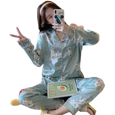 China QUICK DRY plus 7XL size imitated silk print striped pajamas women's long sleeve home wear set women's fat girl 200kg for sale