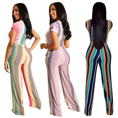 China QUICK DRY women two piece pants set crop top long sleeve crop panties candy color stripe printed for sale