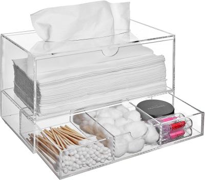 China Minimalist Clear Acrylic Cosmetic Organizer With Pull Out Makeup Storage Drawer With Tissue Box Dispenser Countertop Bathroom Supply Ho for sale