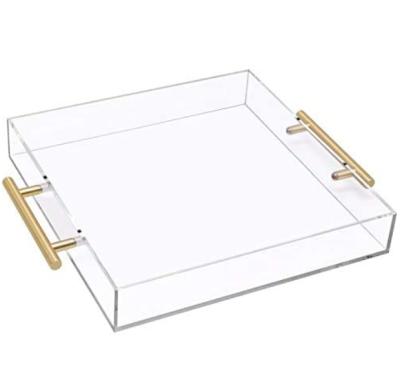 China 5mm thick acrylic clear acrylic serving tray with gold handle puddle make clear acrylic trays plastic serving tray for breakfast coffee heavy duty for sale