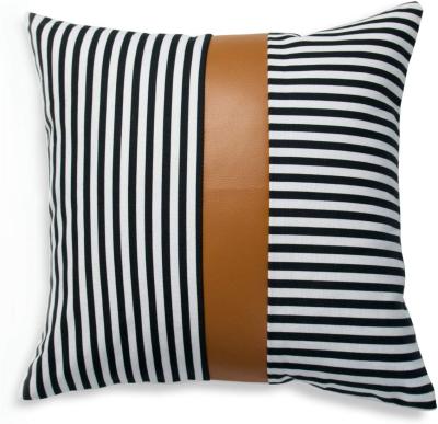 China Wearable Faux Leather and 100% Cotton Pillow Cover ONLY, Camel Black Modern Design Stripes Cushion Cover for Home Decor for sale