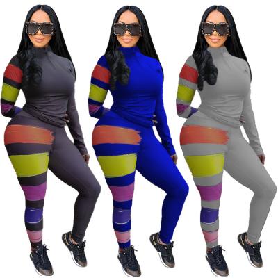 China MD-20123011 Breathable Casual Women Sets Two Piece Clothes Striped Turtle Neck Teams Women 2 Piece Pants Sets Dresses for sale