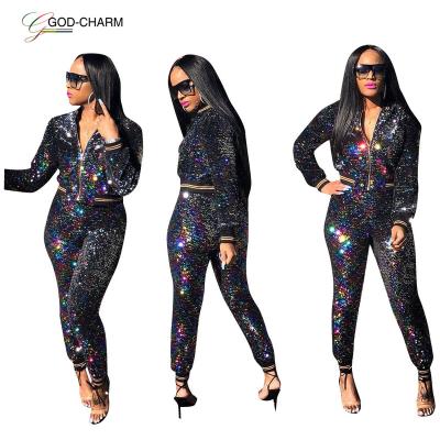 China Other Wholesale Hot Sale GC-66862110 Women 2 Piece Outfit Snake Print Glitter Sequin Jacket Coat With Long Pants Set African Clothing for sale