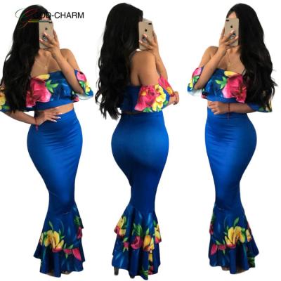 China Wholesale GC-66862511 Floral Anti-Static Printed Off The Shoulder Ruffle Top And Long Skirt Set Two Piece African Mermaid Evening Dress for sale