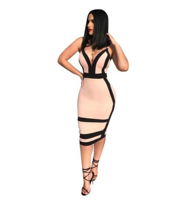 China New Arrivals *GC-86960534 2022 New Arrivals Sexy V-Neckline Hot Selling Sexy Anti-Static Good Quality Wholesale Women's Beige Striped Knee-Length Dress for sale