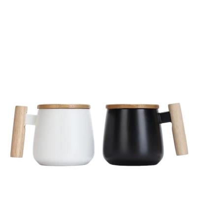 China Nordic Viable Porcelain Coffee Ceramic Mug With Wooden Handle With Lid And Bamboo Spoon Mugs Coffee Sublimation Milk Tea Ceramic Mugs for sale