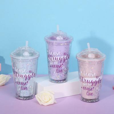 China Shaotian 16oz Tumbler Dome Plastic Lid and Straw Plastic Tumbler Viable Custom Cups Reusable Glitters Double Wall for sale