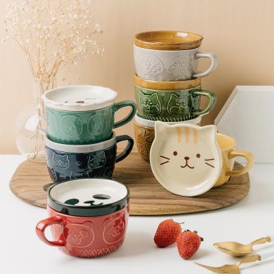 China Shaotian Japanese Style Cartoon Cat Animal Ceramic Mug With Lid Coffee Cup Breakfast Milk Tea Cup Gift Viable Cute Coffee Mugs 325ml for sale