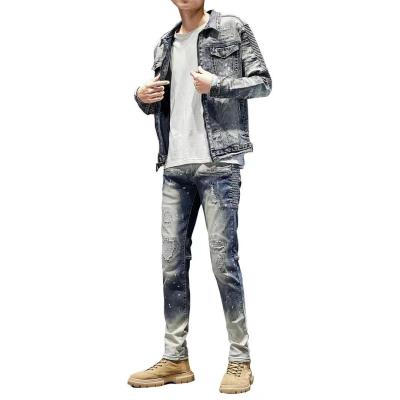 China HIGH STREET wholesale men's clothing denim set custom fitness men's biker denim two-piece set jacket and jeans for sale