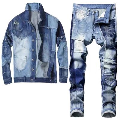 China HIGH STREET wholesale men's clothing denim set custom fitness men's biker denim two-piece set jacket and jeans for sale