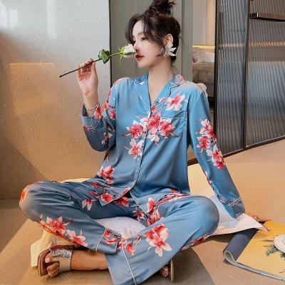 China Fashion Summer Pajama Women Sleepwear Long Sleeve QUICK DRY Long Pants 2 Pieces Silk Pajamas Set for sale