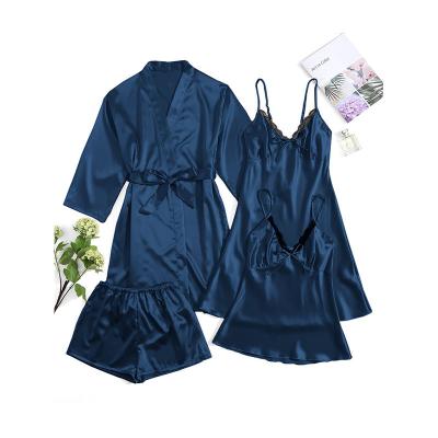 China QUICK DRY plus size nightgown sexy ice satin camisole 4 piece silk pajama set women for sale