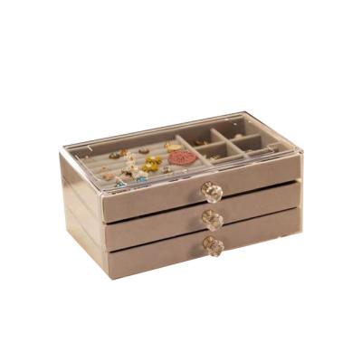 China Multifunctional Acrylic Jewelry Box Jewerly Display Organizer Velvet Jewelry Box Organizer with 3 Drawers for sale