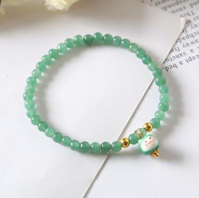 China Nickel Free Wholesale Green 4mm Myammar Jade Bead Bracelet With Fortune Cat for sale