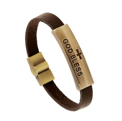 China Nickel Free 18g 21cm Catalog Available GOD BLESS YOU LOGO Engraved Vintage Antique Copper Alloy Leather Bracelets For Men for sale