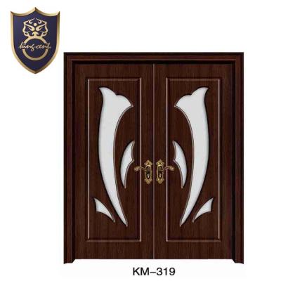 China Waterproof PVC Film Oak Main Entry Front Double Door Wooden Door Designs For Homes In Kerala for sale