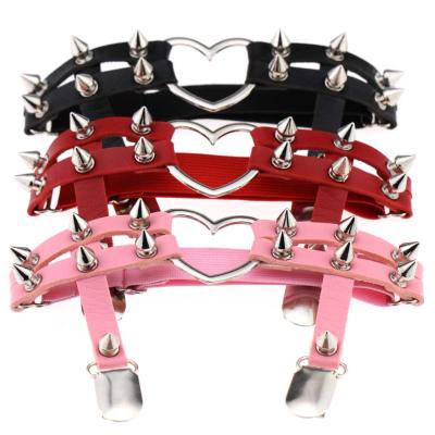 China Club Punk Heart Shaped Barbell Metal Rivet Leg Belt Garter Elastic Leather Clip Elastic Garter Belt for sale