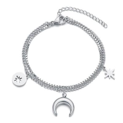 China CLASSIC Stars And Tide Female Cool Fashion Stainless Steel Moon Double Chain Bracelet Simple Best Friend Gift for sale