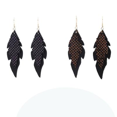 China Fashion Geometric Cowhide Fish-scale Laser Engraved Leather Women's Earrings for sale