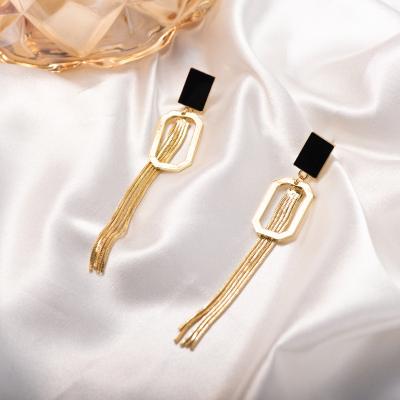 China CLASSIC S925 needle silver temperament advanced black square earrings female long sense earrings tassel atmosphere for sale