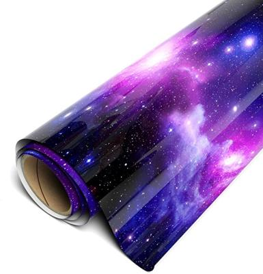 China Flexible PU Heat Transfer Stretch Vinyl Shiny Galaxy Orange Iron On Vinyl Roll For Textile Bag T-Shirts Cutter for sale