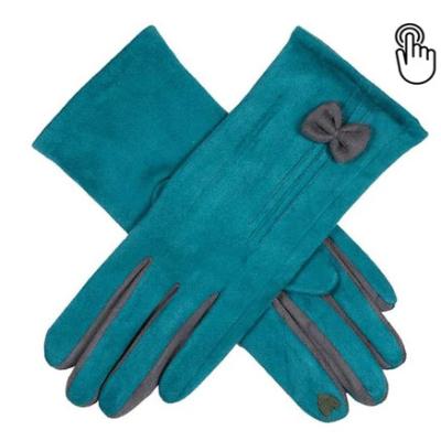 China Cheap Stylish Peacock Blue Screen Faux Smart Suede Gloves With Bow for sale