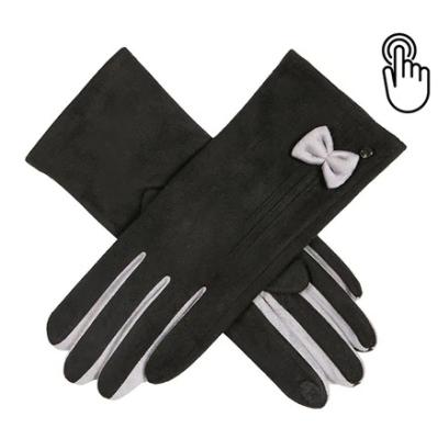 China Cheap Black Luxury Warm Winter Faux Screen Smart Suede Gloves With Bow for sale