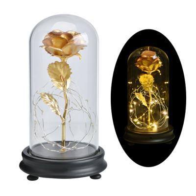 China Hot Sale Durable 24K Gold Foil Rose Flower Gold Foil Forever Rose Flower With Led Lights in Glass Dome for valentines day for sale