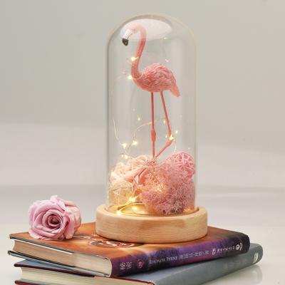 China Ainy Rose DIY Beauty Resin Flamingo Durable With Led Light Model in Glass Dome for Girlfriend Gift for sale