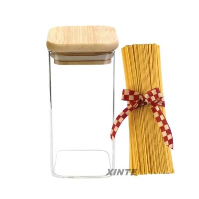 China Food Grade Heatable Wide Mouth Transparent Square Glass Jar Sealed Container With Wooden Caps for sale