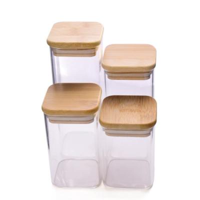 China Square Round Shape Kitchen Food Heatable Candy 50ml 500ml 750ml Storage Borosilicate Glass Bottle Jars With Clip Lids Bamboo Lid for sale