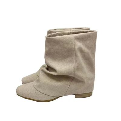 China 2022 New Manufacturer Customized Pleated Design Canvas Soft Short Boots Lightweight Adjust Toe Pants Tube Fashion Women Boots for sale