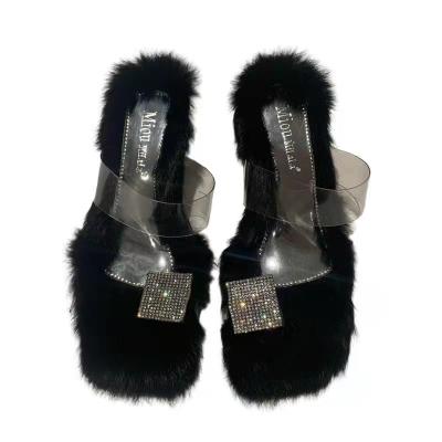 China Unique Lady Faux Stone Slippers 5CM Fur Hairy Large High Heels 2022 Anti-odor Babouches Ladies Low For Women for sale