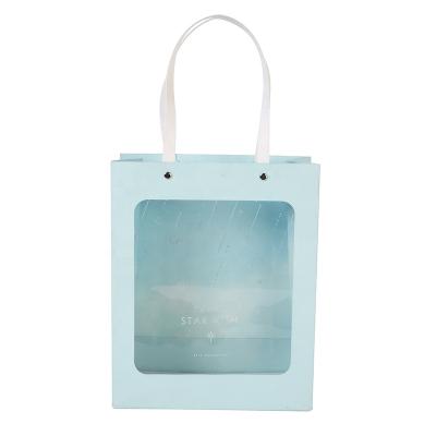 China Recycled Materials Paper Gift Bag With Clear PVC Window For Creative Gift Toy Cloth Flower Food Cake Accessories Insist Packaging Bags for sale