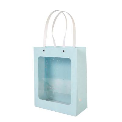 China Recycled Materials Square Kraft Paper Bag PVC Clear Window With Handle Cookies Baking Bag Birthday Christmas Wedding Party Baking Decoration for sale